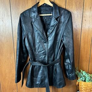 Kenneth Cole Reaction Black Leather Trench Coat Belted‎ Button Front Womens M